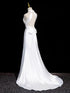 White Satin Halter Mermaid Wedding Party Dress With Leg Slit, White Satin Long Prom Dress